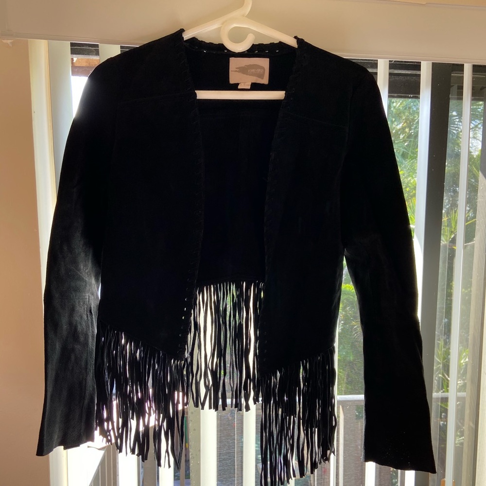 All black leather jacket with fringe